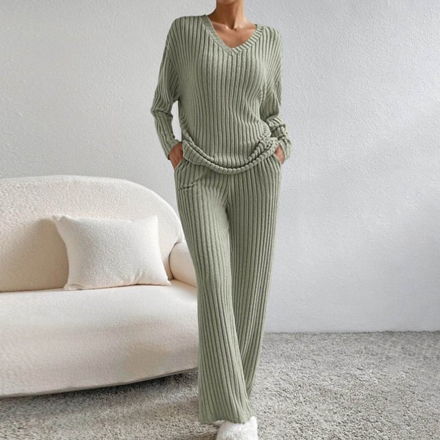Ensembles de Survêtements pour Femmes Manches Longues Col Rond Haut Pantalon Grand Ensemble Deux Pièces Tenue de Détente Assortie avec Poches Vert Armée TTG