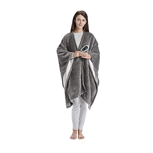 Beautyrest Ultra Soft Sherpa Berber Fleece Electric Poncho Wrap Blanket Heated Throw with Auto Shutoff, 50" W x 64" L, Grey