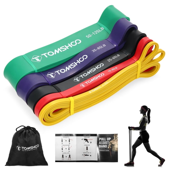 TOMSHOO Ensemble de 5 Bandes de Résistance à Intensités Variables : Jaune (8-15 Lb), Rouge (15-35 Lb), Noir (25-65 Lb), Violet (35-85 Lb), Vert (50-125 Lb) - Comprend un Sac de Transport et un Manuel pour Améliorer la Mise en Forme