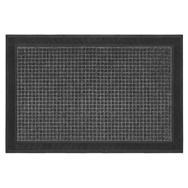 2'X3' Greek Key Doormat with a rectangular grey polyester surface featuring textured absorbent fibers and a black rubber border embossed with a Greek Key motif, designed as an entrance mat to reduce movement and prevent slips, also suitable for use in mudrooms or patios.