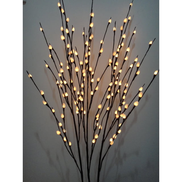 Floral LED Lights Pussy Willow Branch featuring 144 warm white LEDs on bendable brown branches with white pussy willow lights. Ideal for indoor holiday décor, novelty lighting, parties, weddings, and anniversaries. Includes CSA/CUL approved adapter and 14-foot electrical cord. Measures 50 inches in length.