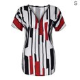 thumbnail image 1 of T-shirt pour Femme à Col en V, Blouse à Rayures, Haut Court, Manches Courtes, Fermeture Éclair, Blouse Ajustée, Rouge, P, 1 of 5