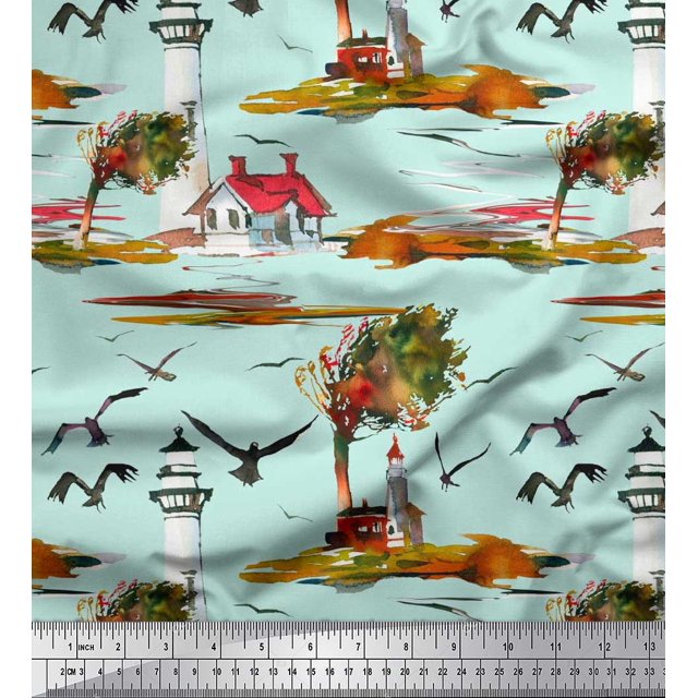 Soimoi Cotton Poplin Fabric Lighthouse,Bird & Tree Nature Print Fabric by Yard 42 Inch Wide
