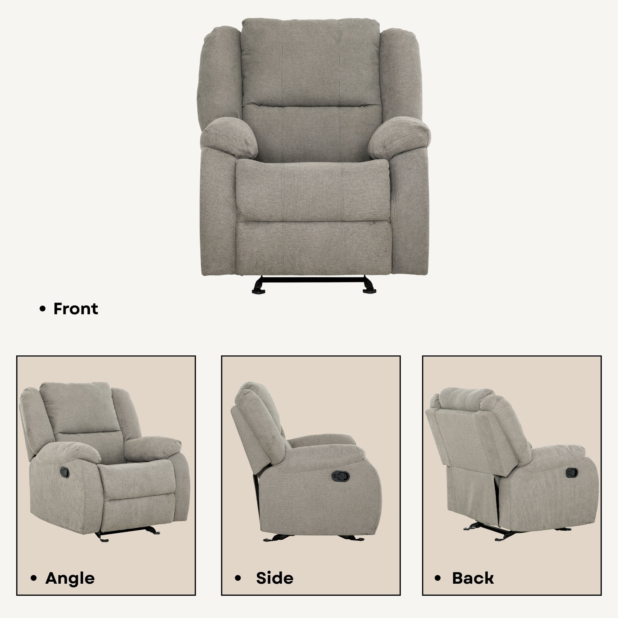Fauteuil berçant inclinable Primo Amos – Fauteuil rembourré 36 po avec accoudoirs matelassés, mouvement berçant doux, tissu neutre – Pour salon