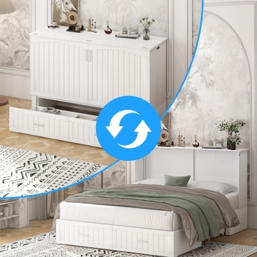 Puremind Queen Size Murphy Bed with Mattress, Cabinet Bed with Built-in Charging Station and Storage Drawer for Bedroom Room/Home/Office, White