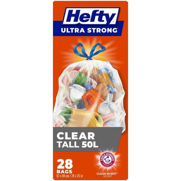 Hefty® Lot de 28 sacs poubelle transparents ultra résistants avec cordon de serrage et neutraliseur d'odeurs de 50 litres