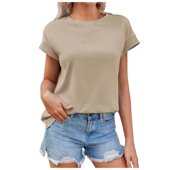 HXWCHs Women Solid Organic Cotton T Shirt Elegant Loose Fit Summer Casual Short Sleeve Round Neck Basic Tee for Women Regular Shoulder Fashion top M Khaki