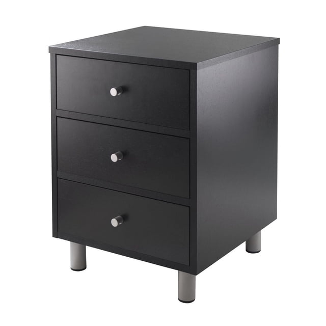 Daniel Accent Table in black composite wood with three drawers, brushed metal knobs, and cylindrical metal legs, measuring 15.75"W x 16.61"D x 22"H, shown in a 3/4 front view on white background, ideal as a compact nightstand or side table with storage.