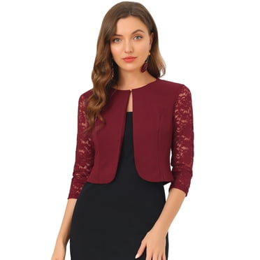 INSPIRE CHIC Boléro en Dentelle Florale pour Femme, Manches 3/4, Ouvert à l'Avant, Cardigan de Travail/bureau, Boléro Formel, S, Bourgogne