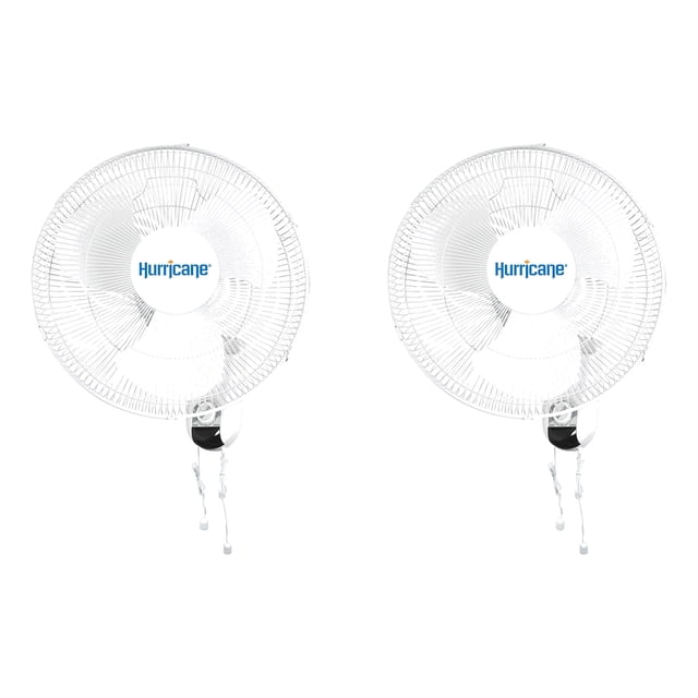 Hurricane Classic 16 Inch 90 Degree Oscillating 3 Speed Wall Fan, set of two wall-mounted fans with white metal grills and pull cords for speed control. Ideal for air circulation in grow tents, offices, garages, and small spaces. Features 90-degree oscillation and static airflow lock options.