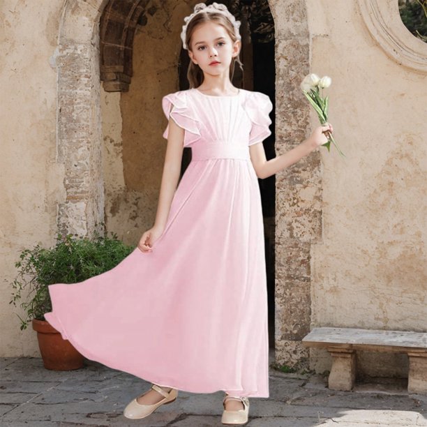 XIMIN Flower Girl Dresses A Line Junior Bridesmaid Dress Ruffle Short Sleeve Elegant formal Wedding Guest Party Prom Graduation Birthday First Communion Dress for Girls (Pink, 12-18 Months)
