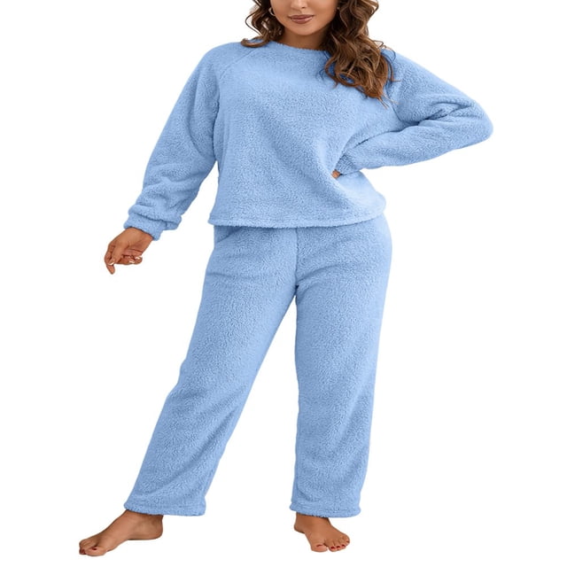 Peluche de Femmes de Couleur Unie à Manches Longues et Pantalons Pyjamas Ensembles Hiver Chaud Femmes Cadeau