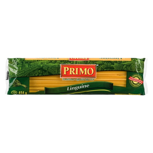 Primo Linguine dry pasta in a 454 g green and yellow package with the Primo logo, made from semolina of 100% Canadian durum wheat, showing long, flat strands of linguine pasta inside clear packaging, suitable for traditional Italian dishes.