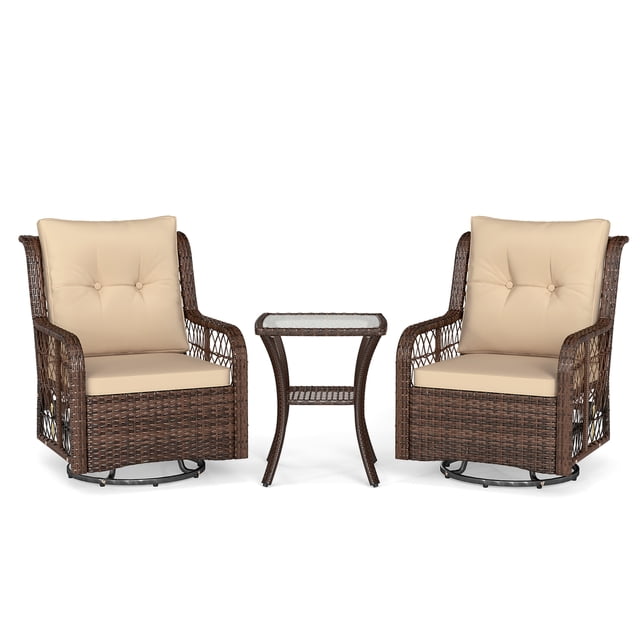Gymax Set Of 3 Patio Furniture w/ 2-Tier Side Table & Cushions for Porch Brown