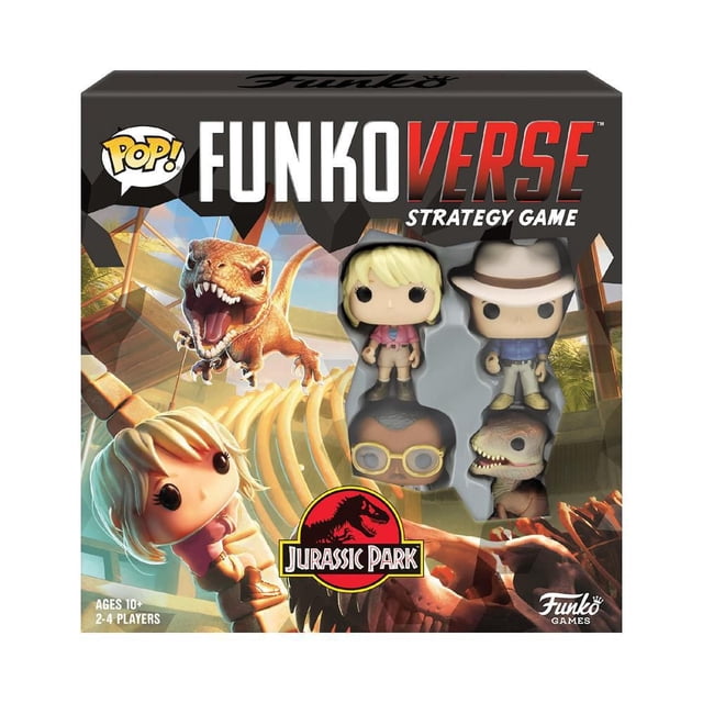 POP! Funkoverse Jurassic Park 100 Strategy Game Base Set featuring collectible Funko Pop figures of Jurassic Park characters and dinosaurs, including two playable maps for 2-4 players ages 10 and up, offering light strategy gameplay with unique character abilities in a Jurassic Park setting.