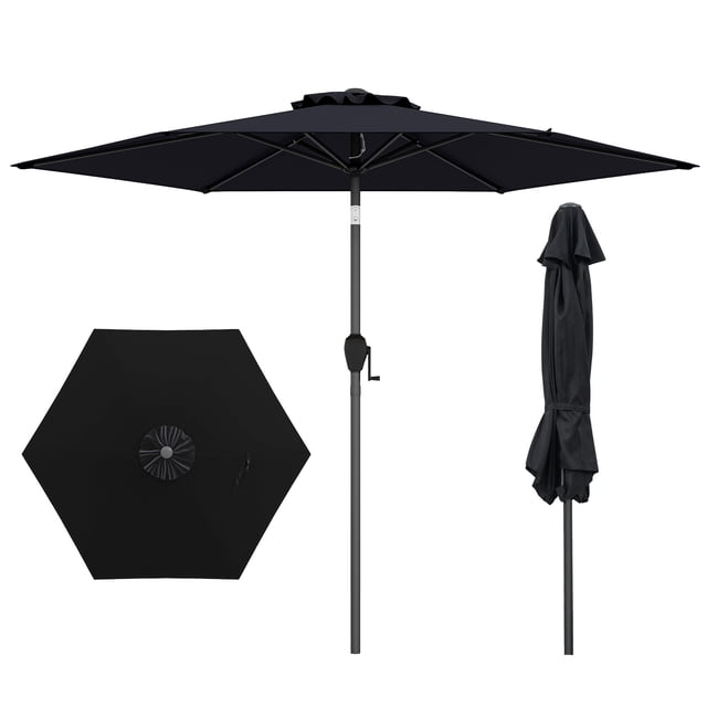 Gymax Parasol de Patio 7,5 Pi Noir avec Auvent en polyester durable, Doté d'Un Dessus Ventilé pour la Circulation d'Air, d'Un Mécanisme d'Inclinaison à Bouton-Poussoir pour une Ombre Réglable et d'Une Manivelle pour une Utilisation Facile. Idéal pour l'Ombre Extérieure dans les Jardins, au Bord de la Piscine Ou les Restaurants. Comprend un Poteau Métallique Robuste et six Baleines pour la Stabilité.