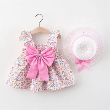 Robes pour Bébés Filles Robe Tutu pour Bébé Fille Sans Manches Robes d'Été pour Filles avec Chapeaux 2 Pcs Robe Soleil pour Filles 6-12 Mois