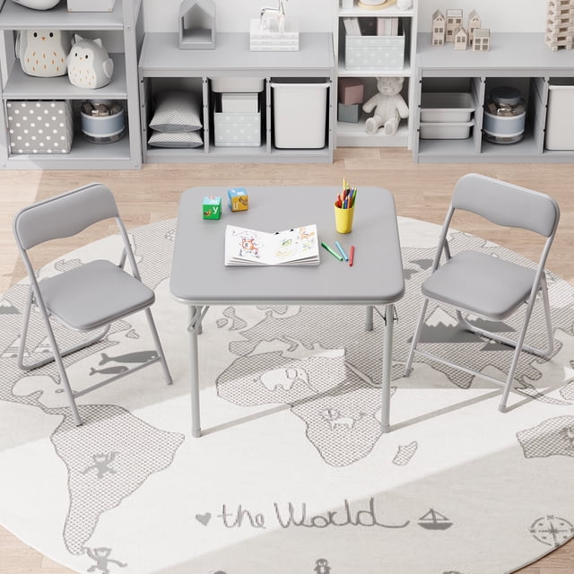 EastVita Folding Activity Table & 2 Padded Chairs Set Portable Desk & No Assembly Required, Gray