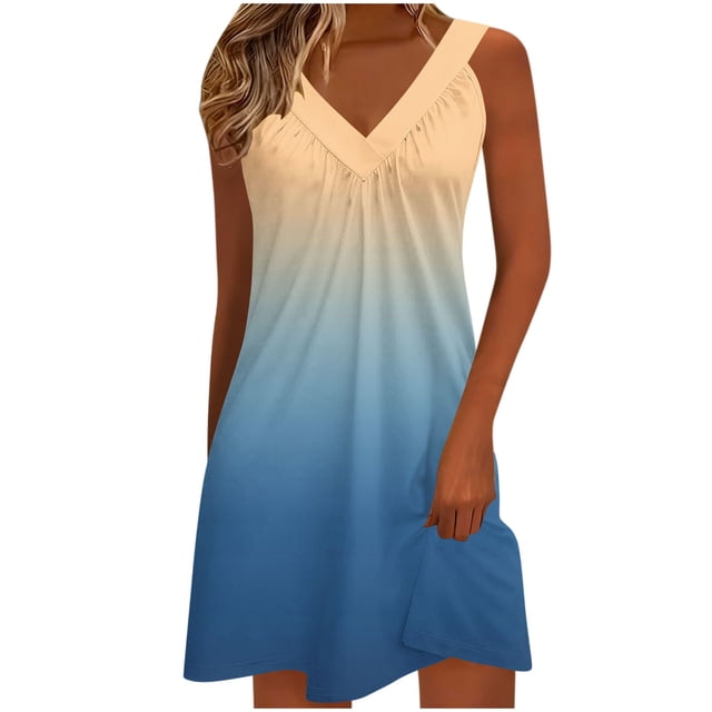 Kyusrd Robe Débardeur d'Été pour Femmes Robe Courte Plissée à Col en V Sans Manches Robe Soleil T-Shirt Robe Trapèze Robe Courte de Plage