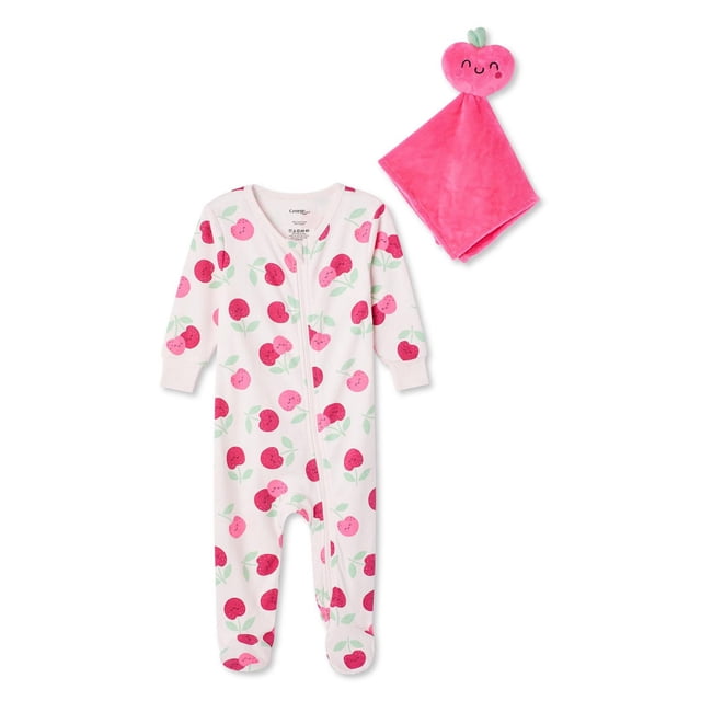 George Ensemble de Dormeuse 2 Pcs pour Bébé Fille avec une Dormeuse en Tricot de Velours Blanc Imprimée Partout avec des Cerises Souriantes Roses et Rouges et des Feuilles Vertes, Comprenant des Manches Longues, des Poignets Ajustés, une Encolure Ras du Cou, une Fermeture Éclair Complète, des Pieds de Lit Attachés avec des Antidérapants, et une Couverture Peluche Cerise Rose Assortie.