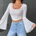 thumbnail image 4 of FAIWAD Women's Ruched Textured Crop Tops Bell Long Sleeve Square Neck Asymmetrical Streetwear Pullover Tops, 4 of 9