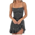 thumbnail image 1 of Tumotour Robes d'Invité de Mariage pour Femmes Été Camisole Formelle Longueur Genou Paillettes Robes Brillantes Bretelles Spaghetti Col Rond Robes de Fête Mini Robe pour Sortir Boîte de Nuit Rendez-Vous Festivals, 1 of 5