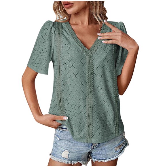 Yuyuzo Tops for Women Dressy Casual Crochet Short Sleeve Shirts Lace V Neck Office Work Blouses Top 2025 Summer Outfits