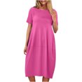thumbnail image 2 of Penkiiy Robe Midi d'Été pour Femme, Décontractée, Ample, Col Rond, Manches Courtes, T-Shirt, Robe Soleil avec Poches, 2TG, Rose Vif, 2 of 6