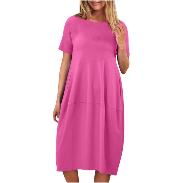 Penkiiy Robe Midi d'Été pour Femme, Décontractée, Ample, Col Rond, Manches Courtes, T-Shirt, Robe Soleil avec Poches, G Rose Vif