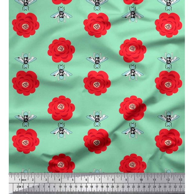 Soimoi Velvet Fabric Floral & Bee Insects Print Fabric by Yard 58 Inch Wide