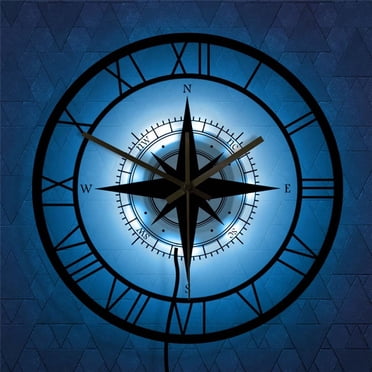 EGNMCR Alarm Clocks for Bedrooms, Clocks for Living Room LED Lights Transparent Wall Clock Black Wind Rose Compass Direction Chart Nautical Acrylic Clock Decorative Wall Clock Creative Clock