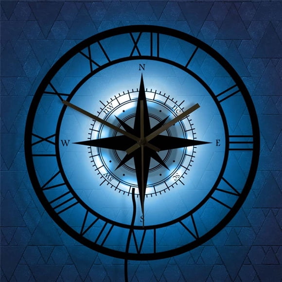 EGNMCR Alarm Clocks for Bedrooms, Clocks for Living Room LED Lights Transparent Wall Clock Black Wind Rose Compass Direction Chart Nautical Acrylic Clock Decorative Wall Clock Creative Clock