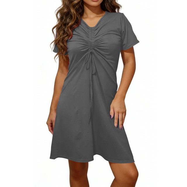 Mceream Robes d'Été pour Femmes Grande Taille Midi Froncées Robes Ajustables à Torsade devant Col en V 2026 Vacances Élégantes à Manches Courtes Boho Robe de Plage Gris Foncé TTG