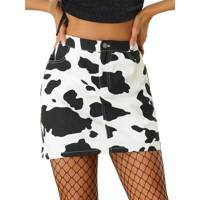Unique Bargains Jupe Courte Mini Décontractée pour Femme à Imprimé Vache, Taille Haute, Dos Élastique, Blanc Noir P