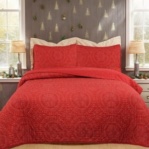 MarCielo Queen Size Quilt Set, Christmas Comforter Set with 2 Pillow Shams, Medallion Pattern 88" X 92" - Red
