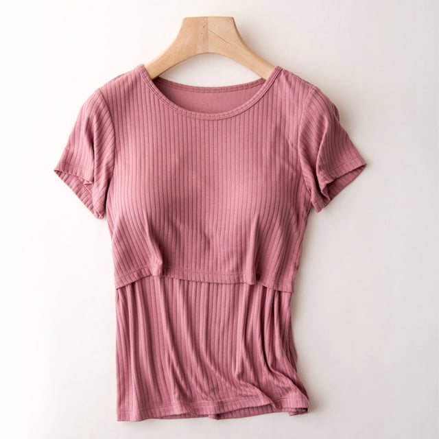 TIMIFIS T-Shirt d'Allaitement Rouge pour Femmes à Manches Courtes d'Été, T-Shirt d'Allaitement Décontracté à Col Rond Uni, T-Shirt Post-Partum - Printemps/été