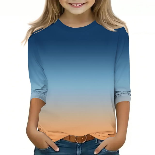 2025 Filles T-Shirts Décontractés Manches 3/4 Col Rond Tops d'Été T-Shirts Unis Blouses d'Automne Pulls Tops Jaunes