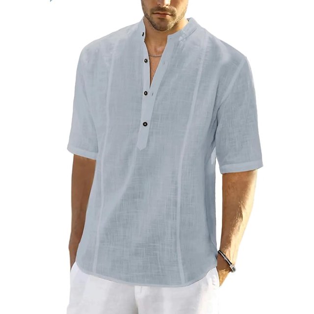 Chemises Homme en Lin à Manches Courtes Boutonnée Coton Chemise Henley Été Plage Tops Regular Fit