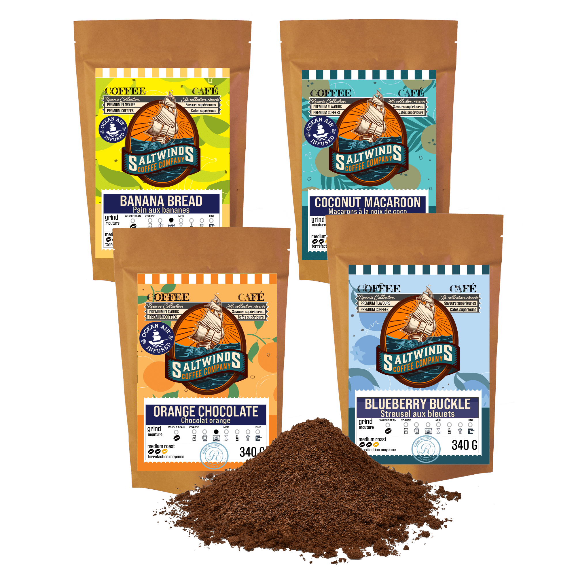 4×340 g Ground Fun Flavoured Coffee Bundle | Ocean Air Infused | Canadian-Roasted Flavoured Coffee Bundle – Coconut, Orange, Blueberry & Banana