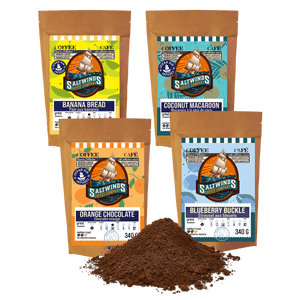 4×340 g Arômes au sol Coffee Océan Air Infusion d'arômes canadiens Coffee Ensemble – Noix de coco, orange, bleuets & Bananes