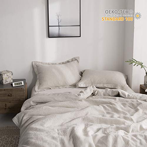 Simple&Opulence 100% Linen Pure Solid Color Embroidery Border Queen King Duvet Cover Set(Multi-Colored Options) (Queen, Linen)