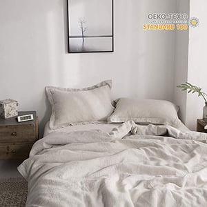 Simple&Opulence 100% Linen Pure Solid Color Embroidery Border Queen King Duvet Cover Set(Multi-Colored Options) (Queen, Linen)