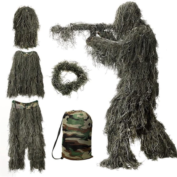 5 in 1 Ghillie Suit with Jacket, Pants, Hood, and Carry Bag - 3D Camouflage Hunting Apparel for Outdoor Activities