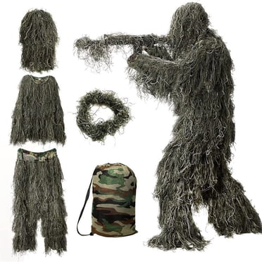 Aodebiao 5-in-1 Ghillie Suit Camo Hunting Apparel with Hood Jacket Pants Carry Bag Lightweight Durable 3D Camouflage for Hunting Wildlife Photography Outdoor Tactical Gear
