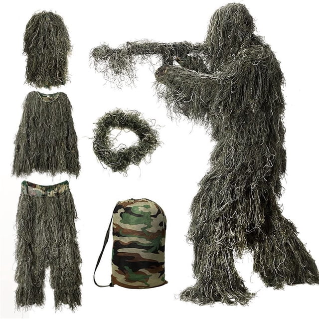 Meitianfacai 5 In 1 Ghillie Suit, 3D Camouflage Hunting Apparel including a jacket, pants, hood, and carry bag. The suit features a realistic 3D camouflage design with synthetic thread for effective concealment in outdoor environments. The set includes a hood, long-sleeve jacket, pants, and a matching camouflage carry bag for portability. Ideal for hunting, bird watching, paintball, and other activities requiring camouflage. Made of 98% polyester and 2% spandex for lightweight durability.