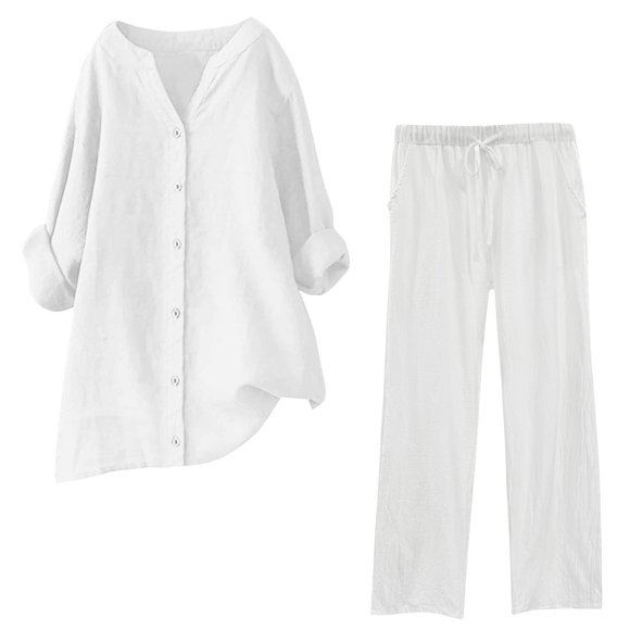 BYHONG Womens 2 Piece Outfits Wide Leg Blouse Pockets Elastic Pants Sets Casual V Neck Shirt Trousers Fashion Streetwear Womens Pant Suits White M
