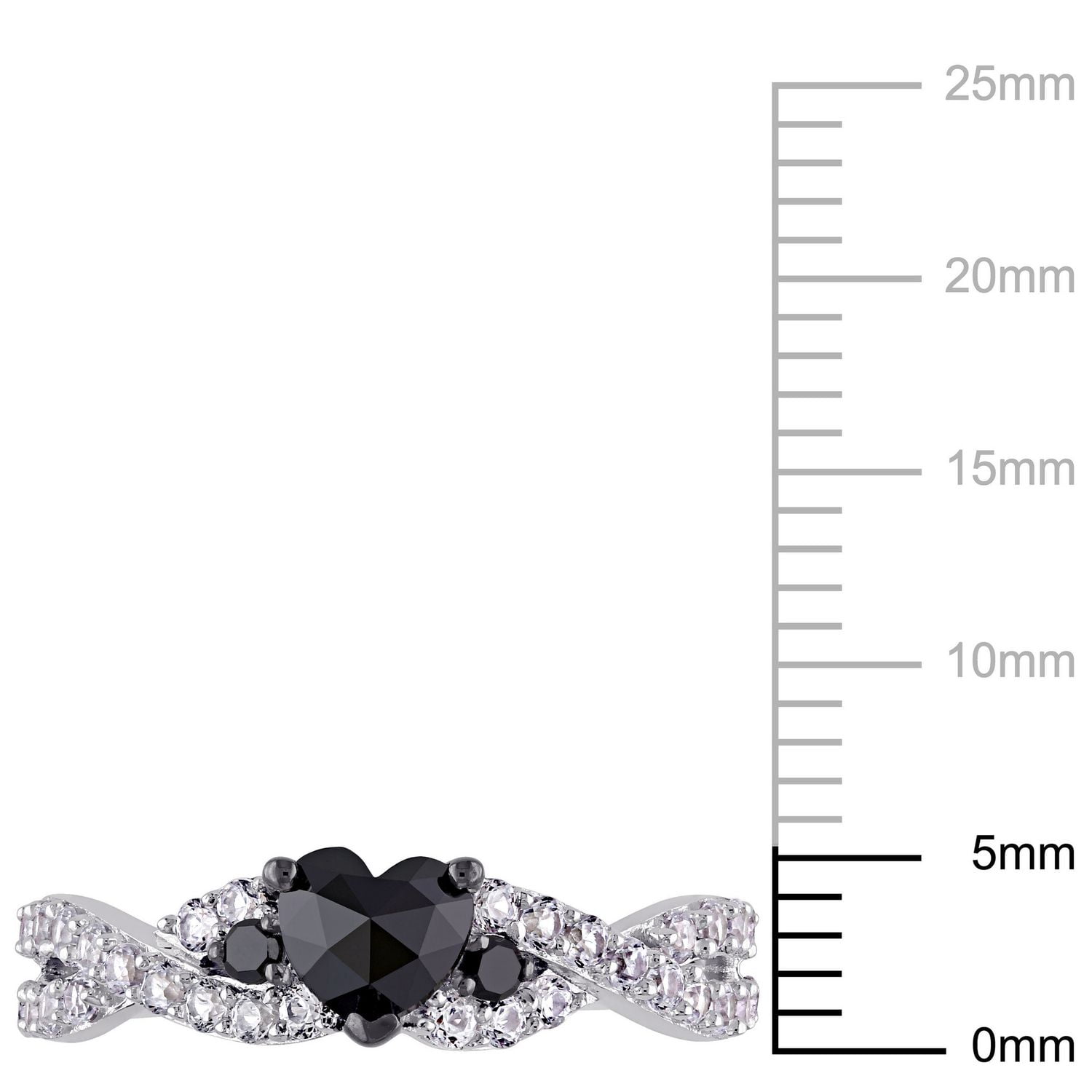 Bague de fiançailles avec diamant noir de forme coeur 3/5 CT poids total et saphirs blancs synthétiques en argent sterling
