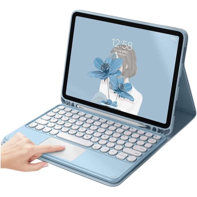 REQO iPad 10th Generation 2022 Case with Trackpad Keyboard in blue, featuring a detachable magnetic Bluetooth keyboard with round keys, a built-in Apple Pencil holder, and a folio stand for multiple viewing angles. Designed for 10.9-inch iPad 10th Generation models A2757 and A2777, offering 360° protection against drops and bumps. Ideal for typing, reading, and watching videos.