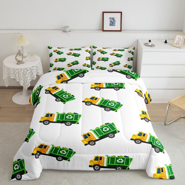 Erosebridal Garbage Truck Bedding Queen Comforter Set, Cartoon Car Down Comforter, Construction Vehicle Decor, 3pcs