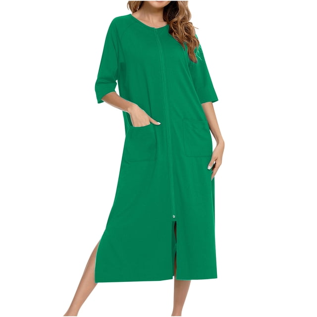 Erwazi Robe pour Femmes à Fermeture Éclair devant, Manches 3/4, Longue Robe de Chambre avec Poches, Tenue d'Intérieur de Couleur Verte Vibrante. la Robe Présente une Fermeture Éclair devant, Deux Grandes Poches avant et une Coupe Décontractée avec Fentes Latérales pour Plus de Confort. Fabriquée en Mélange Extensible et Doux polyester-spandex, Elle Est Légère et Convient à Toutes les Saisons. Idéale pour la Maison Décontractée, la Détente Ou les Activités Quotidiennes.